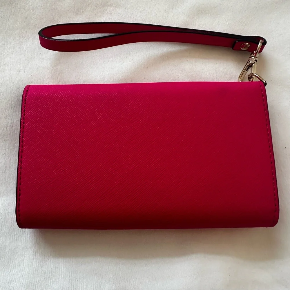 Kate Spade Devin Trifold Wallet Wristlet Pink Saffiano Leather Phone Clutch New